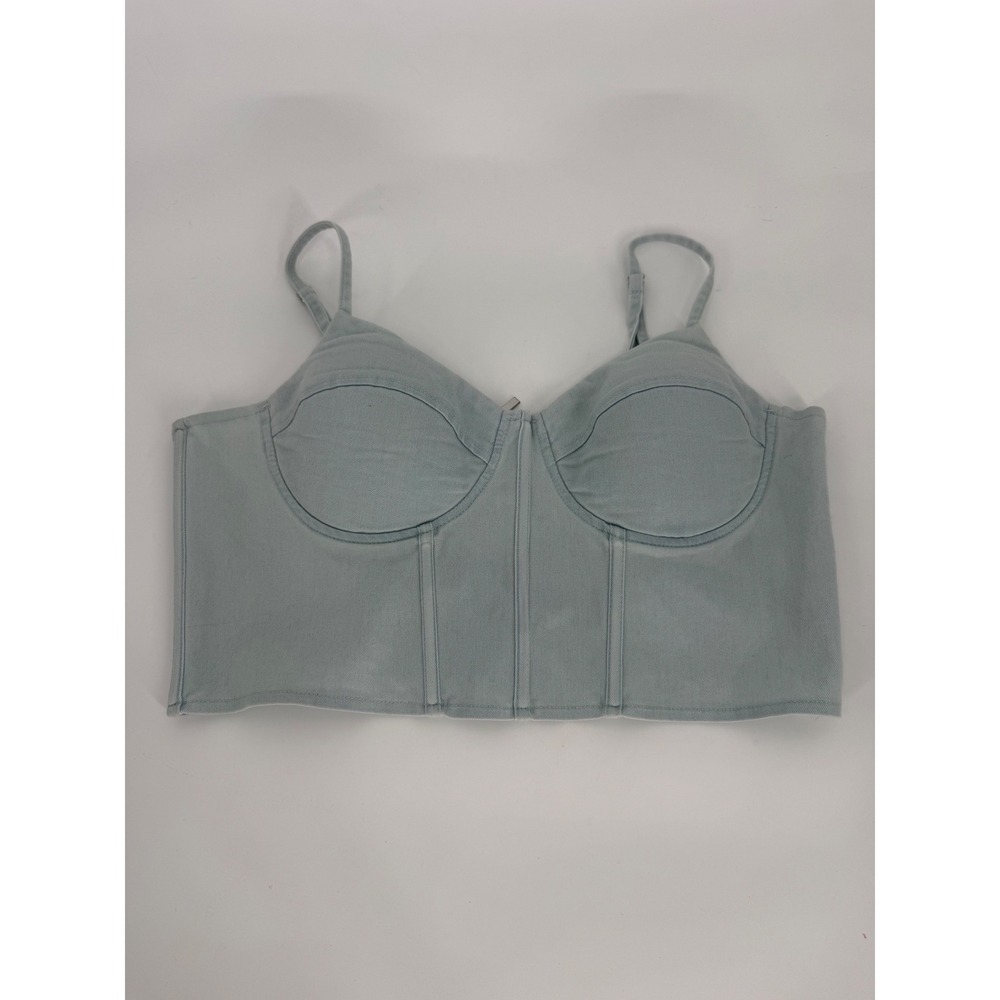 Light Blue‎ Denim Corset Top Bustier Padded Cups Zipper Back Adjustable Straps M